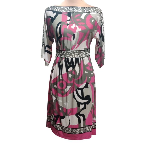 Olian XS Pink Gray Abstract Print Midi Dress Maternity Stretch USA Made Boho - Picture 1 of 7
